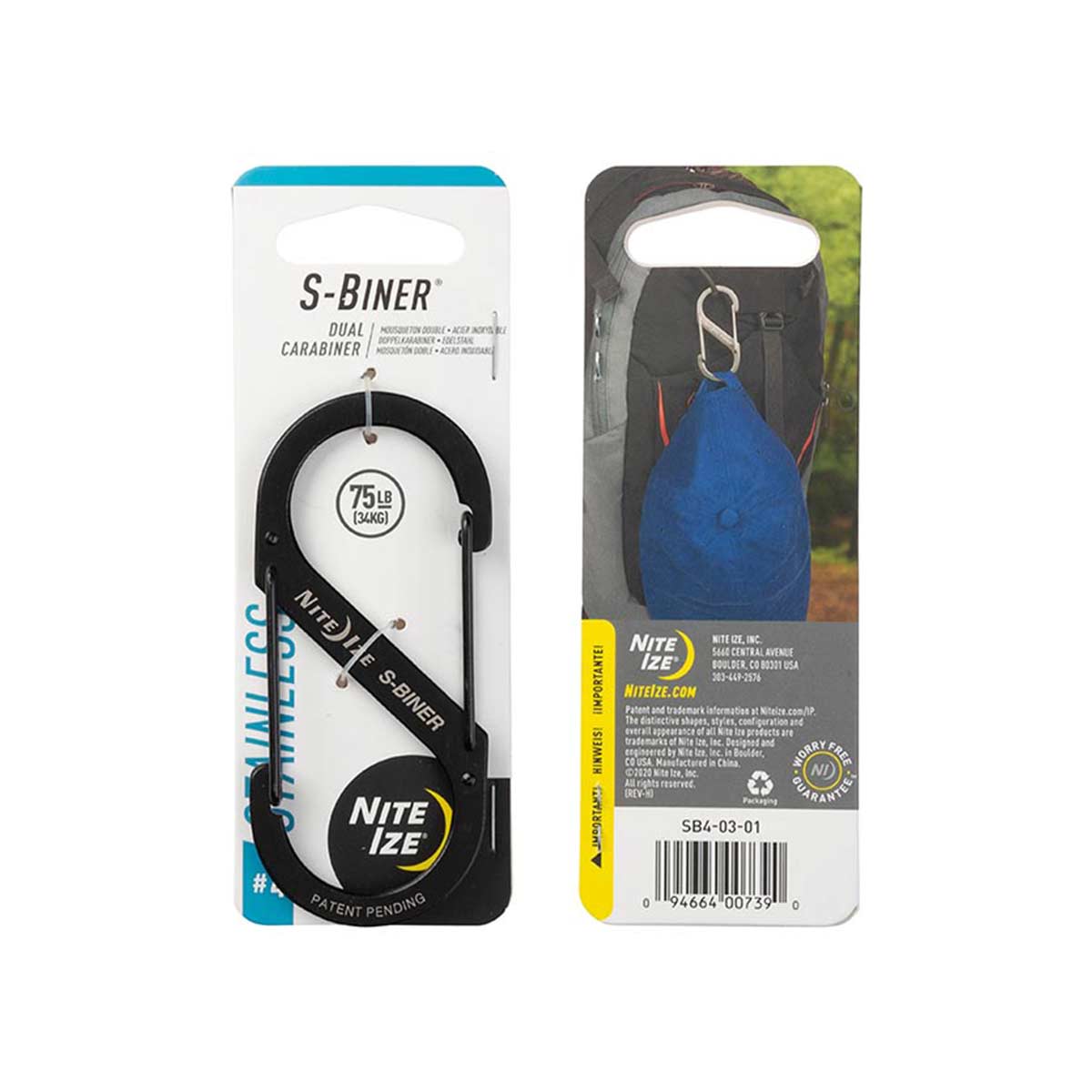 Mousqueton Double S-Biner Nite Ize En Acier Inoxydable - Noir, Taille #5 - Pour Clés, Équipement, Randonnée